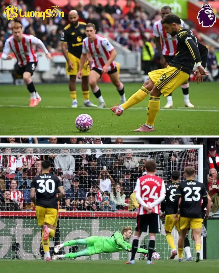 Thủ môn của Brentford đã cản phá thành công quả phạt đền của Bruno (Ảnh: X).